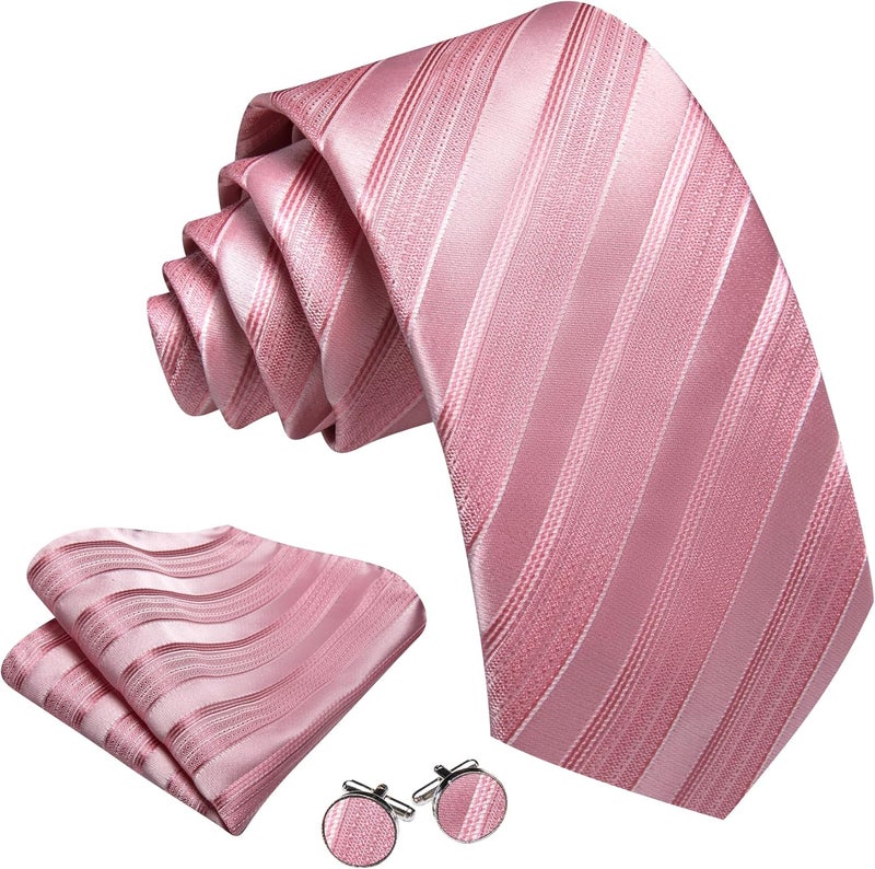 Barry.Wang Store Tie Sets for Men Silk Stripe Necktie Woven Checkered Handkerchief Cufflinks Formal Business Wedding - Image 2